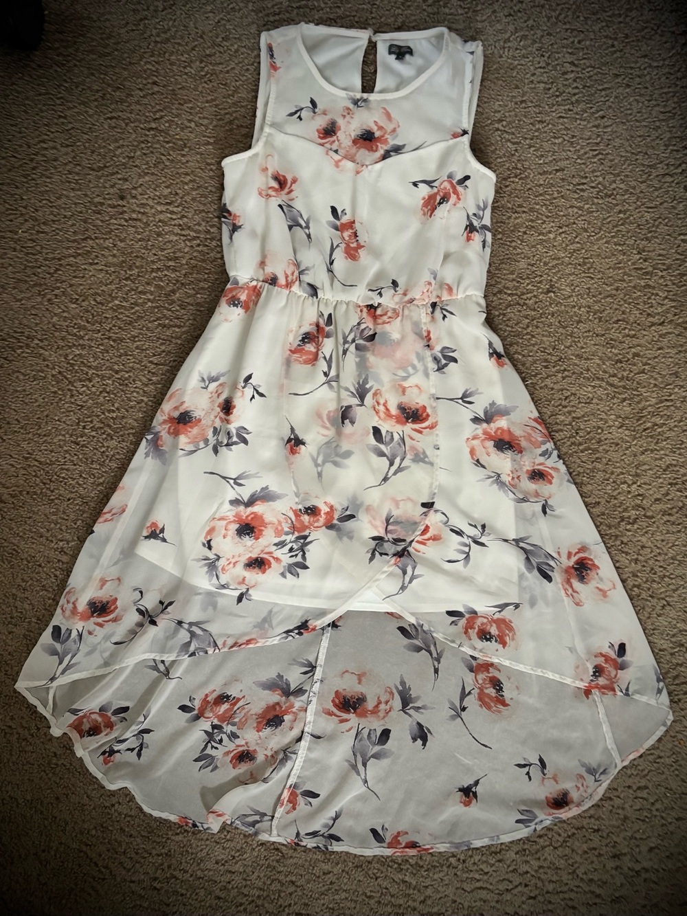 Lily Rose White Chiffon High-Low Dress with Coral Floral Print